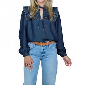 NEW EMILY LOVELOCK women's daisy blouse in blue chambray